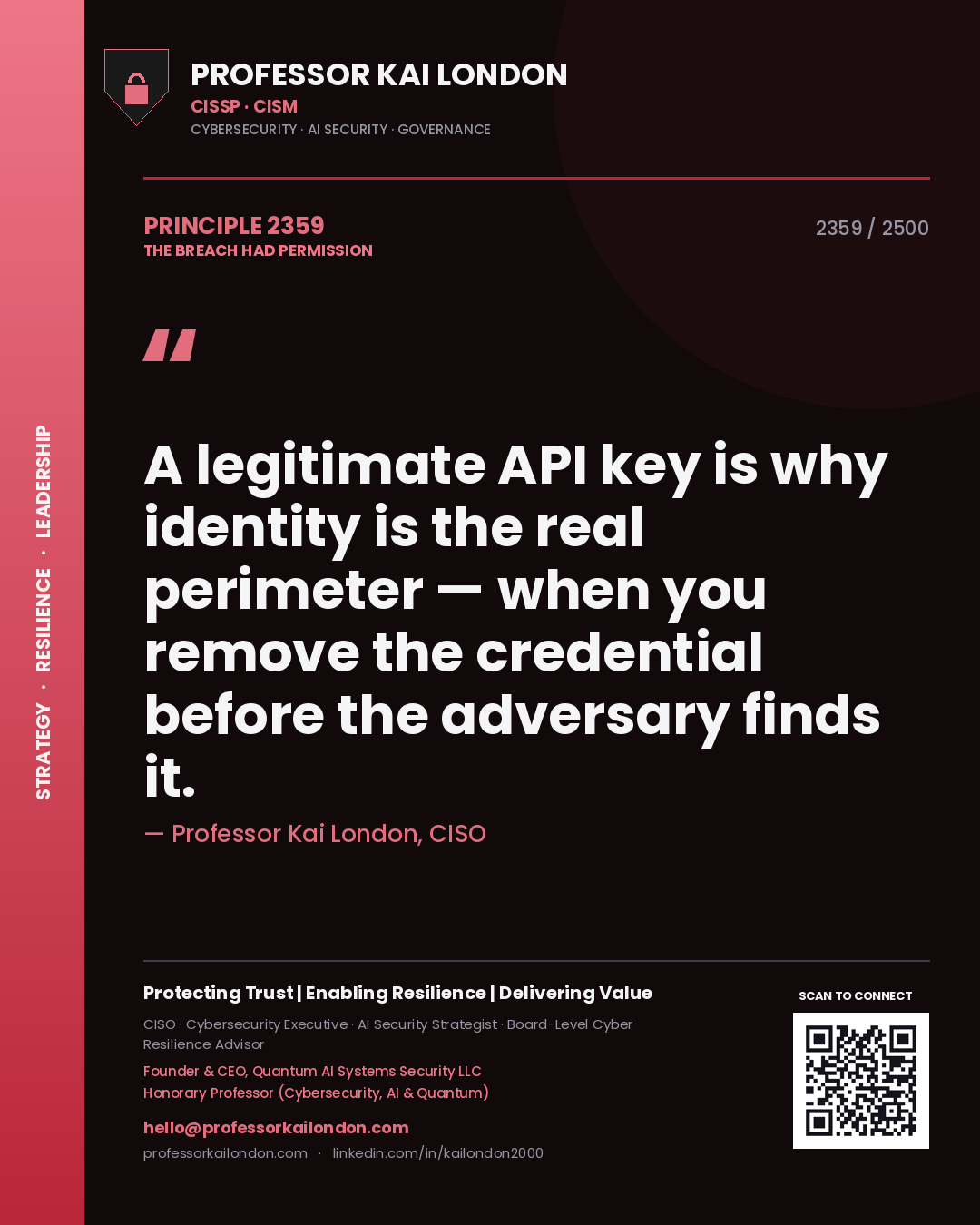 Professor Kai London principle 2359: A legitimate API key is why identity is the real perimeter — when you remove the credential before the adversary finds it.