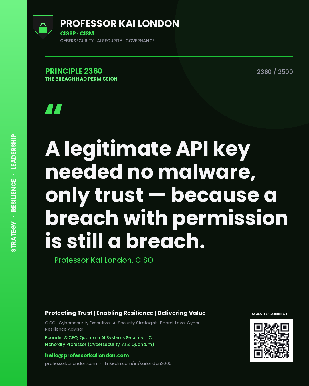 Professor Kai London principle 2360: A legitimate API key needed no malware, only trust — because a breach with permission is still a breach.