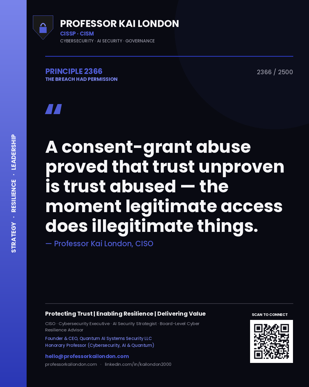 Professor Kai London principle 2366: A consent-grant abuse proved that trust unproven is trust abused — the moment legitimate access does illegitimate things.