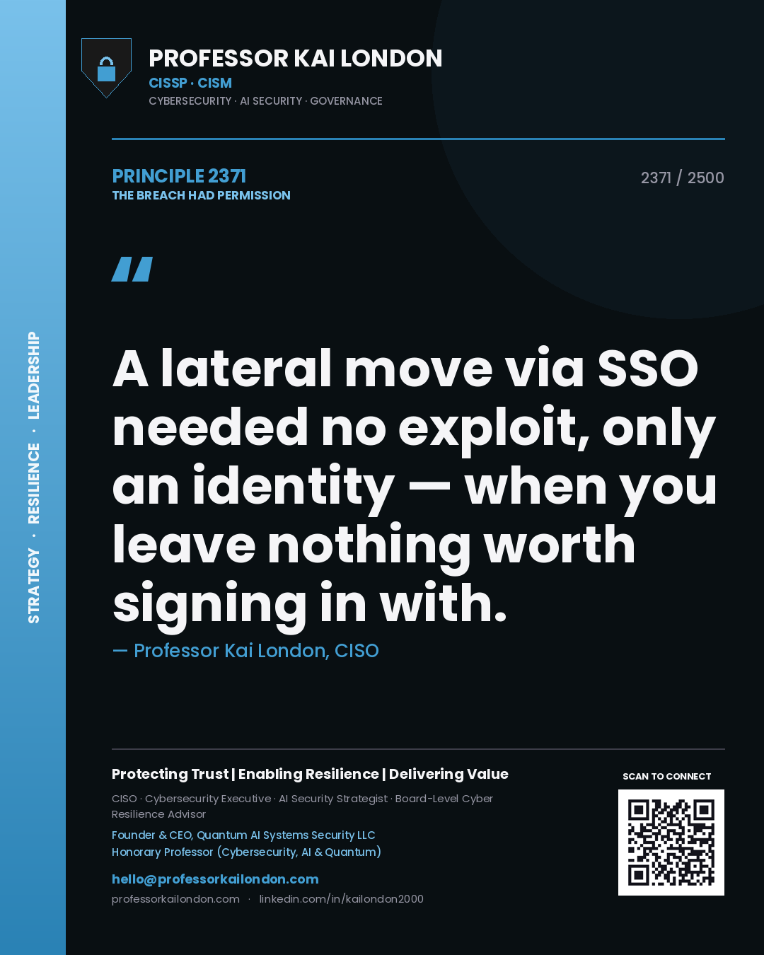Professor Kai London principle 2371: A lateral move via SSO needed no exploit, only an identity — when you leave nothing worth signing in with.