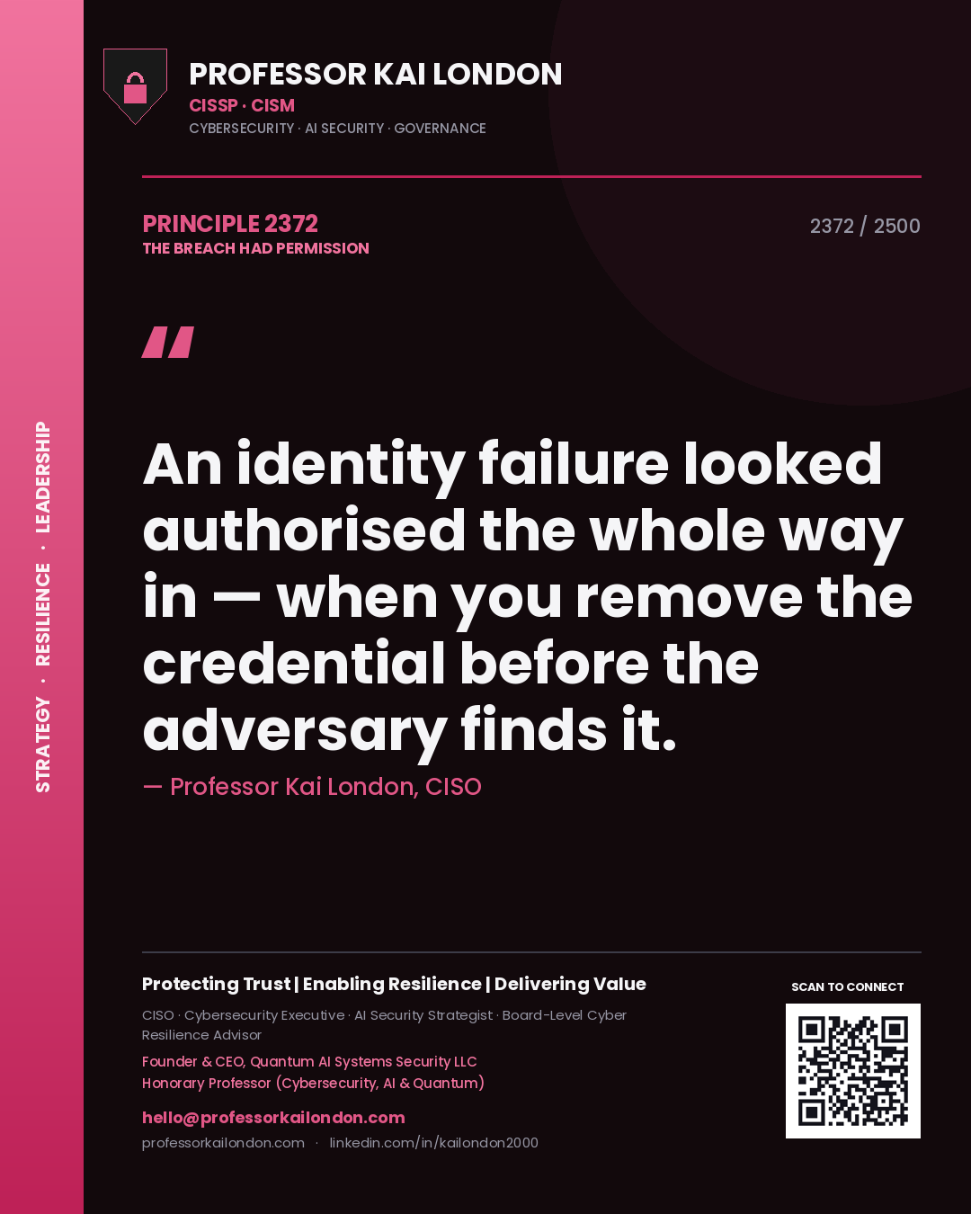 Professor Kai London principle 2372: An identity failure looked authorised the whole way in — when you remove the credential before the adversary finds it.