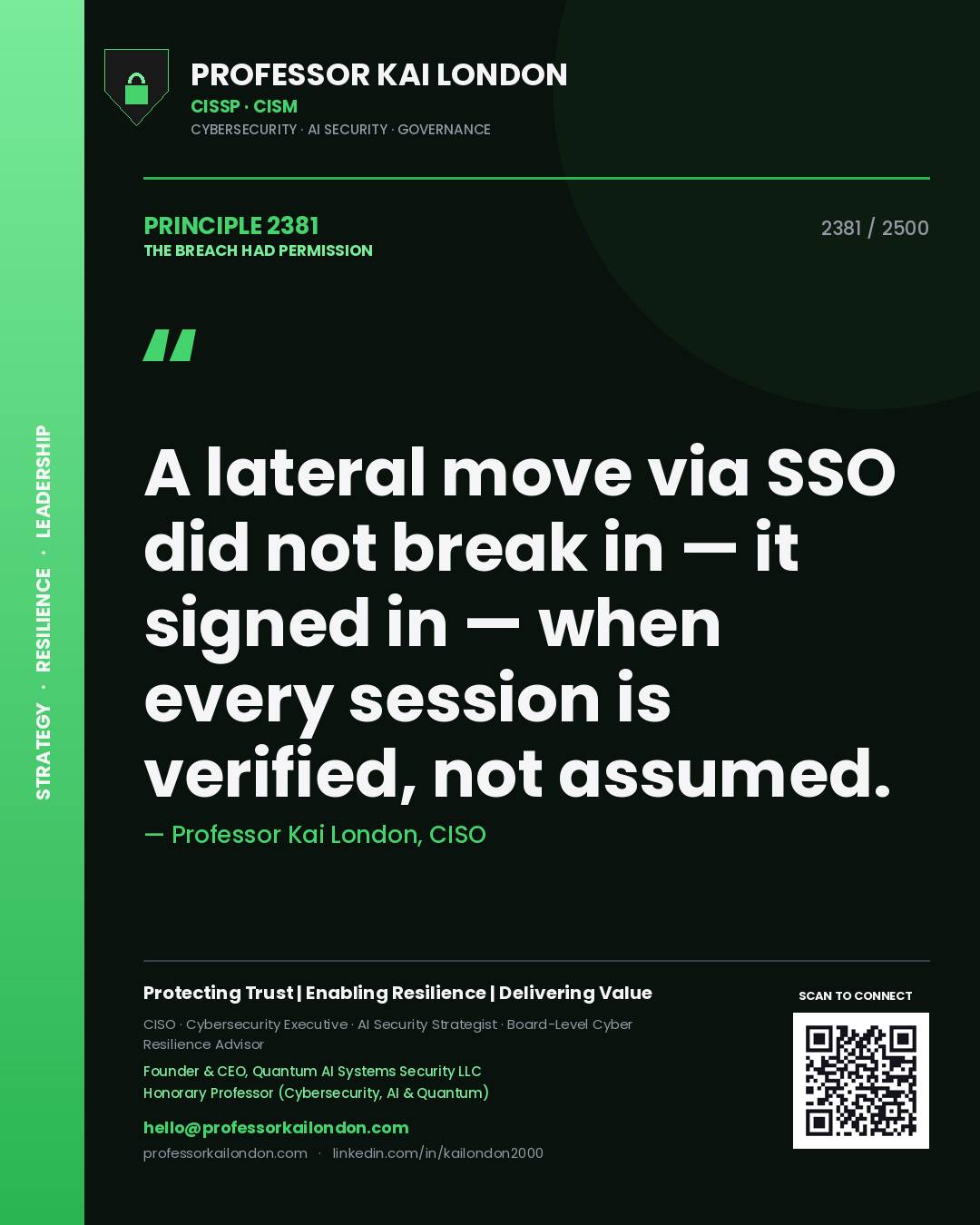 Professor Kai London principle 2381: A lateral move via SSO did not break in — it signed in — when every session is verified, not assumed.