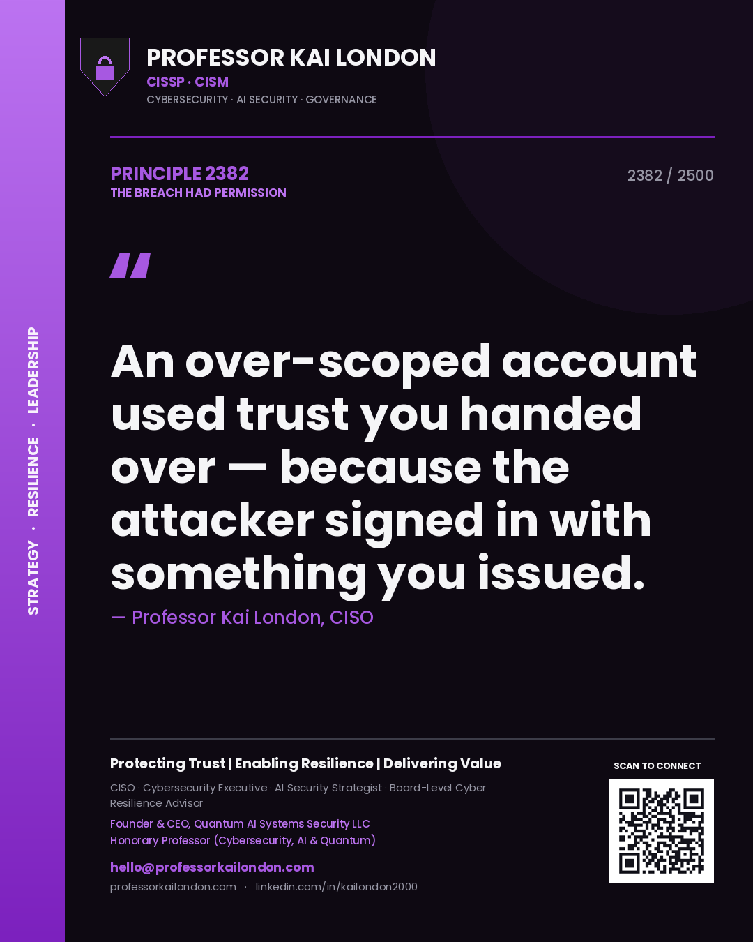 Professor Kai London principle 2382: An over-scoped account used trust you handed over — because the attacker signed in with something you issued.