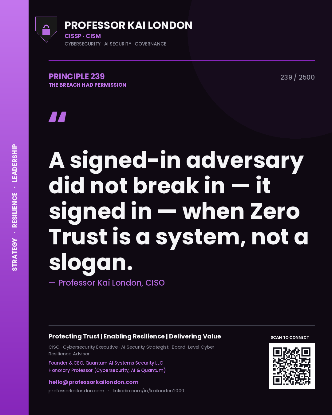 Professor Kai London principle 239: A signed-in adversary did not break in — it signed in — when Zero Trust is a system, not a slogan.