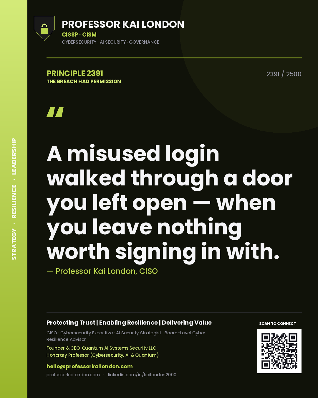 Professor Kai London principle 2391: A misused login walked through a door you left open — when you leave nothing worth signing in with.