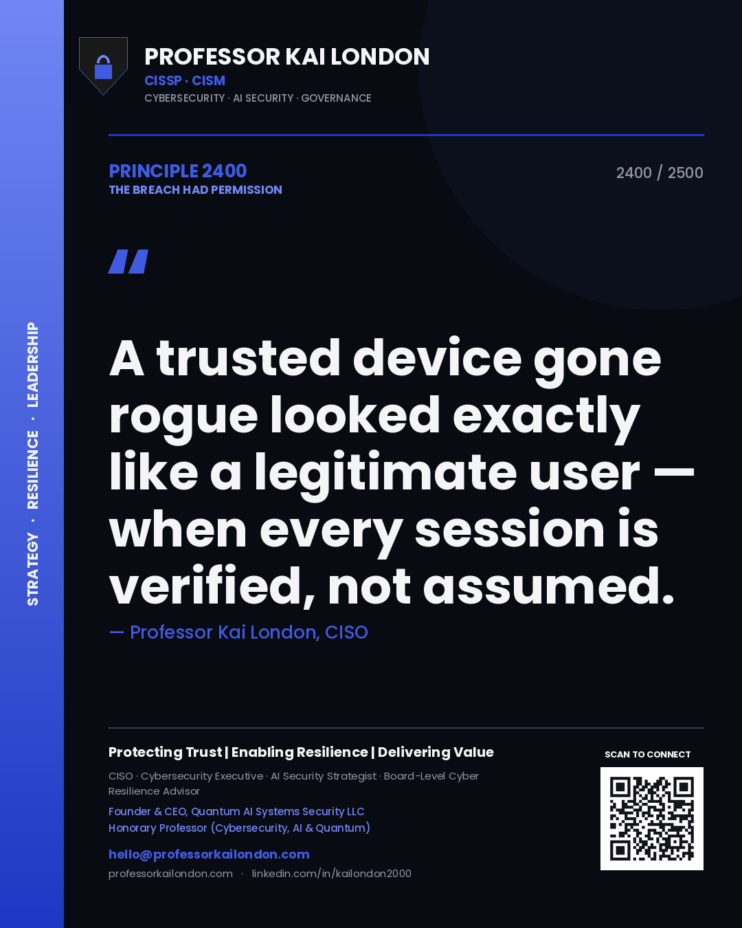 Professor Kai London principle 2400: A trusted device gone rogue looked exactly like a legitimate user — when every session is verified, not assumed.
