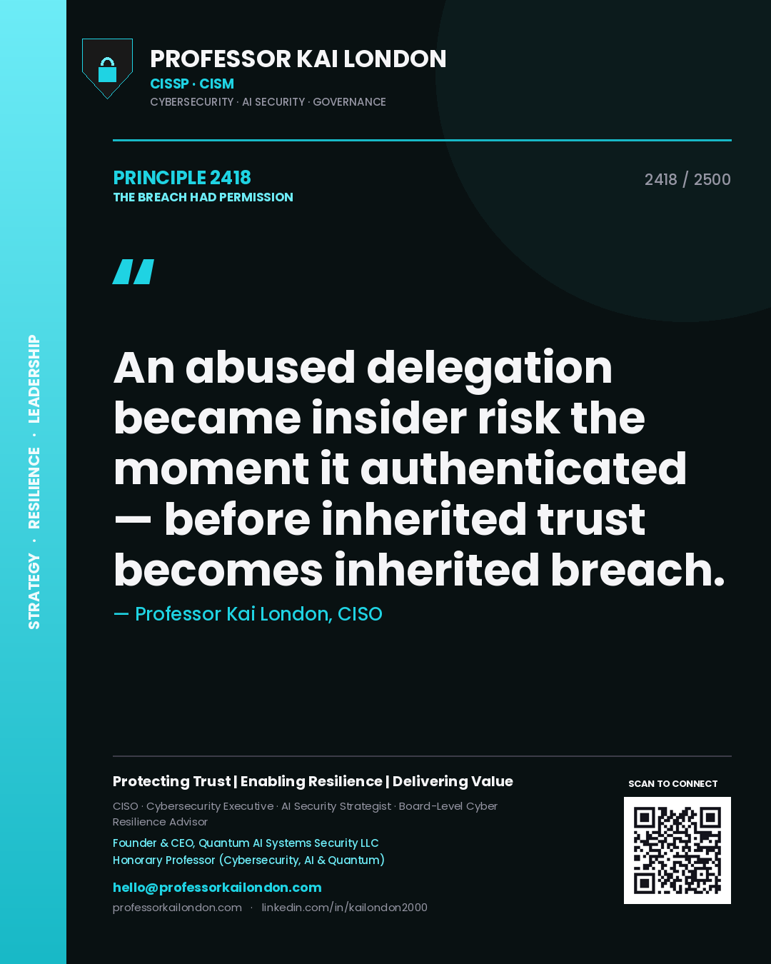 Professor Kai London principle 2418: An abused delegation became insider risk the moment it authenticated — before inherited trust becomes inherited breach.