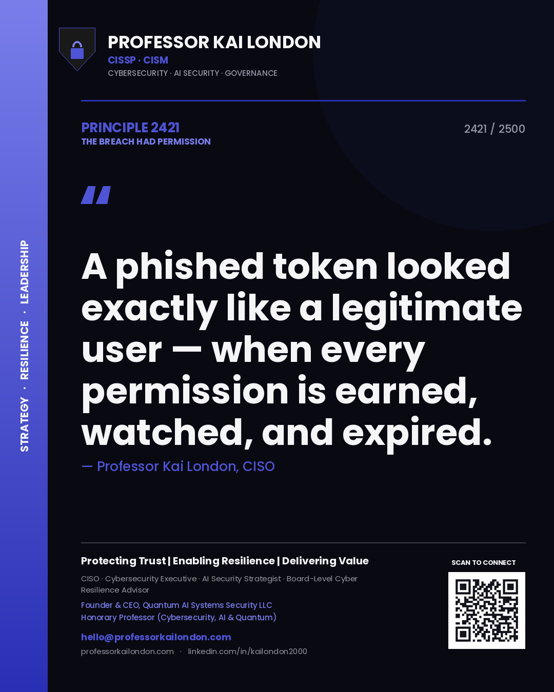 Professor Kai London principle 2421: A phished token looked exactly like a legitimate user — when every permission is earned, watched, and expired.