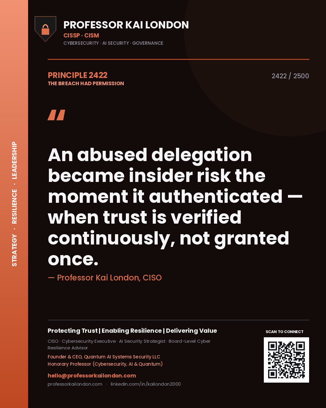 Professor Kai London principle 2422: An abused delegation became insider risk the moment it authenticated — when trust is verified continuously, not granted once.