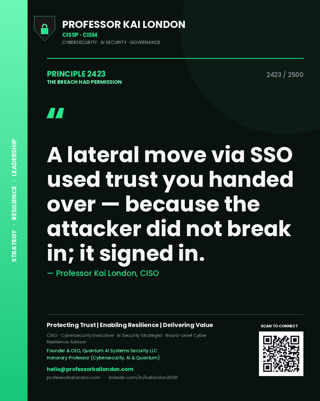 Professor Kai London principle 2423: A lateral move via SSO used trust you handed over — because the attacker did not break in; it signed in.