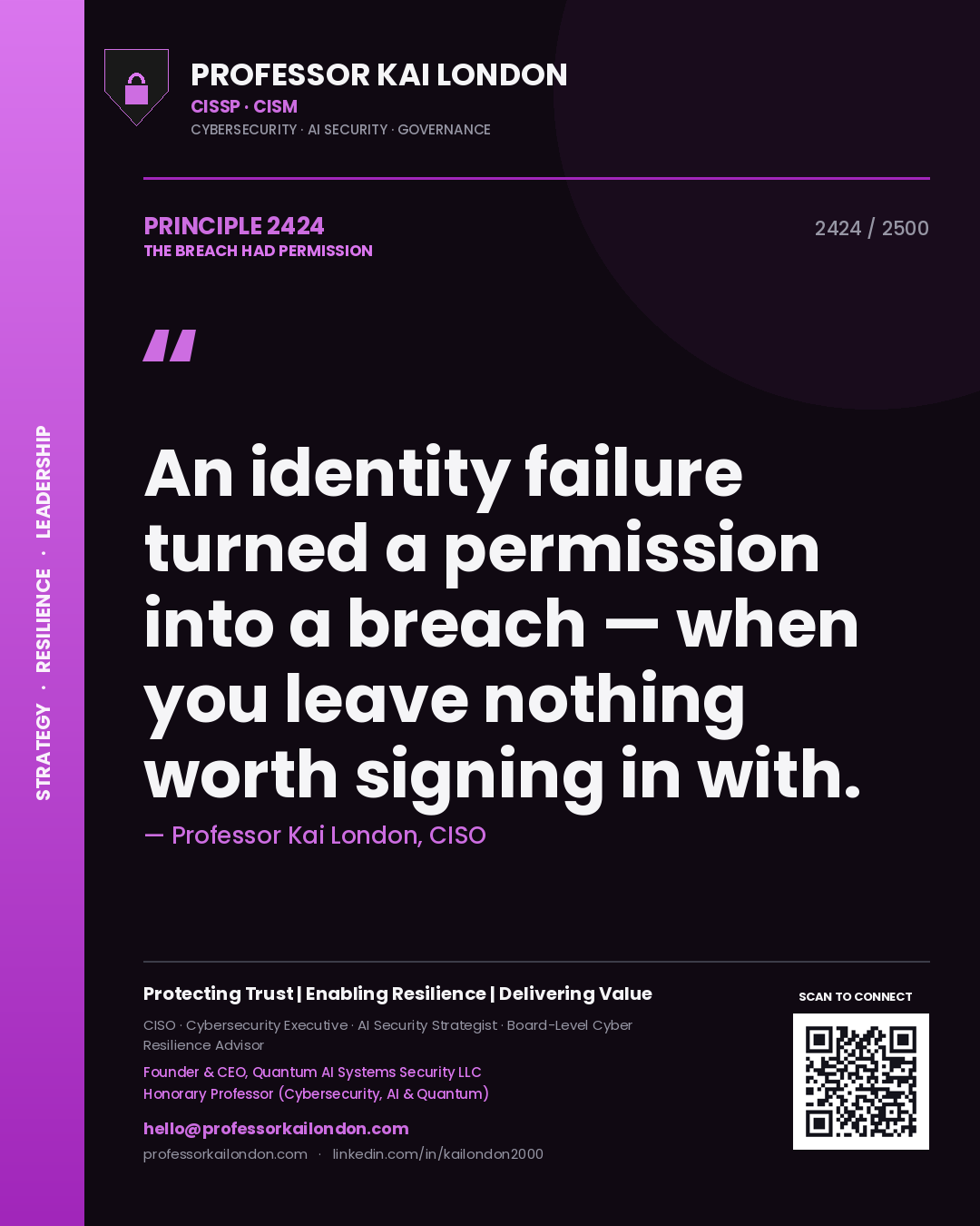 Professor Kai London principle 2424: An identity failure turned a permission into a breach — when you leave nothing worth signing in with.