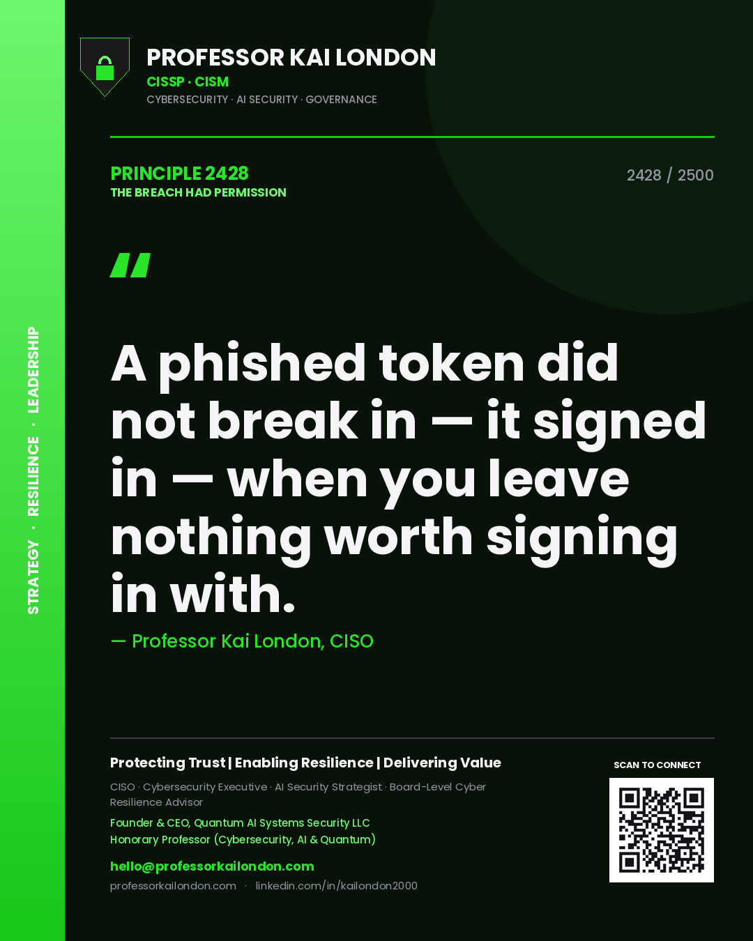 Professor Kai London principle 2428: A phished token did not break in — it signed in — when you leave nothing worth signing in with.