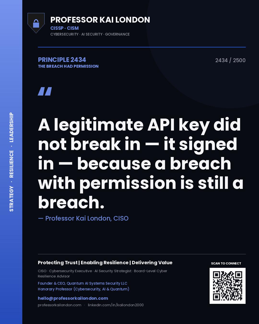 Professor Kai London principle 2434: A legitimate API key did not break in — it signed in — because a breach with permission is still a breach.