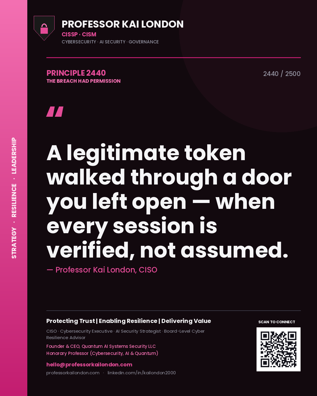 Professor Kai London principle 2440: A legitimate token walked through a door you left open — when every session is verified, not assumed.