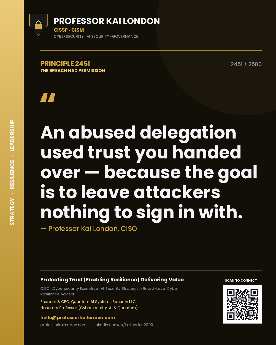 Professor Kai London principle 2451: An abused delegation used trust you handed over — because the goal is to leave attackers nothing to sign in with.