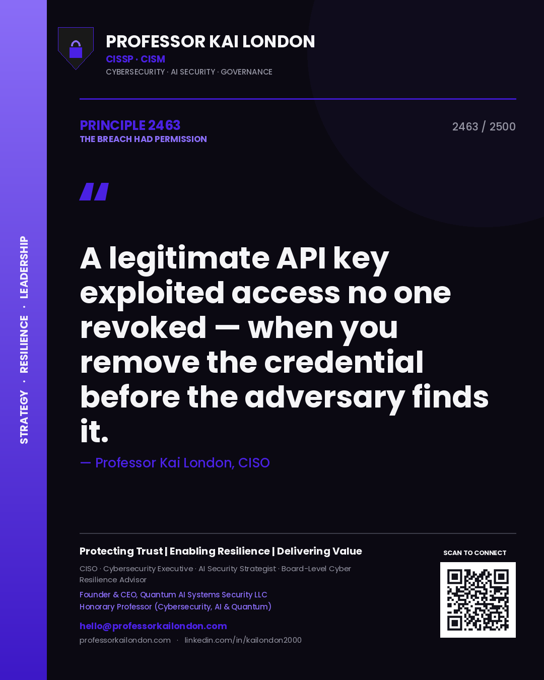 Professor Kai London principle 2463: A legitimate API key exploited access no one revoked — when you remove the credential before the adversary finds it.