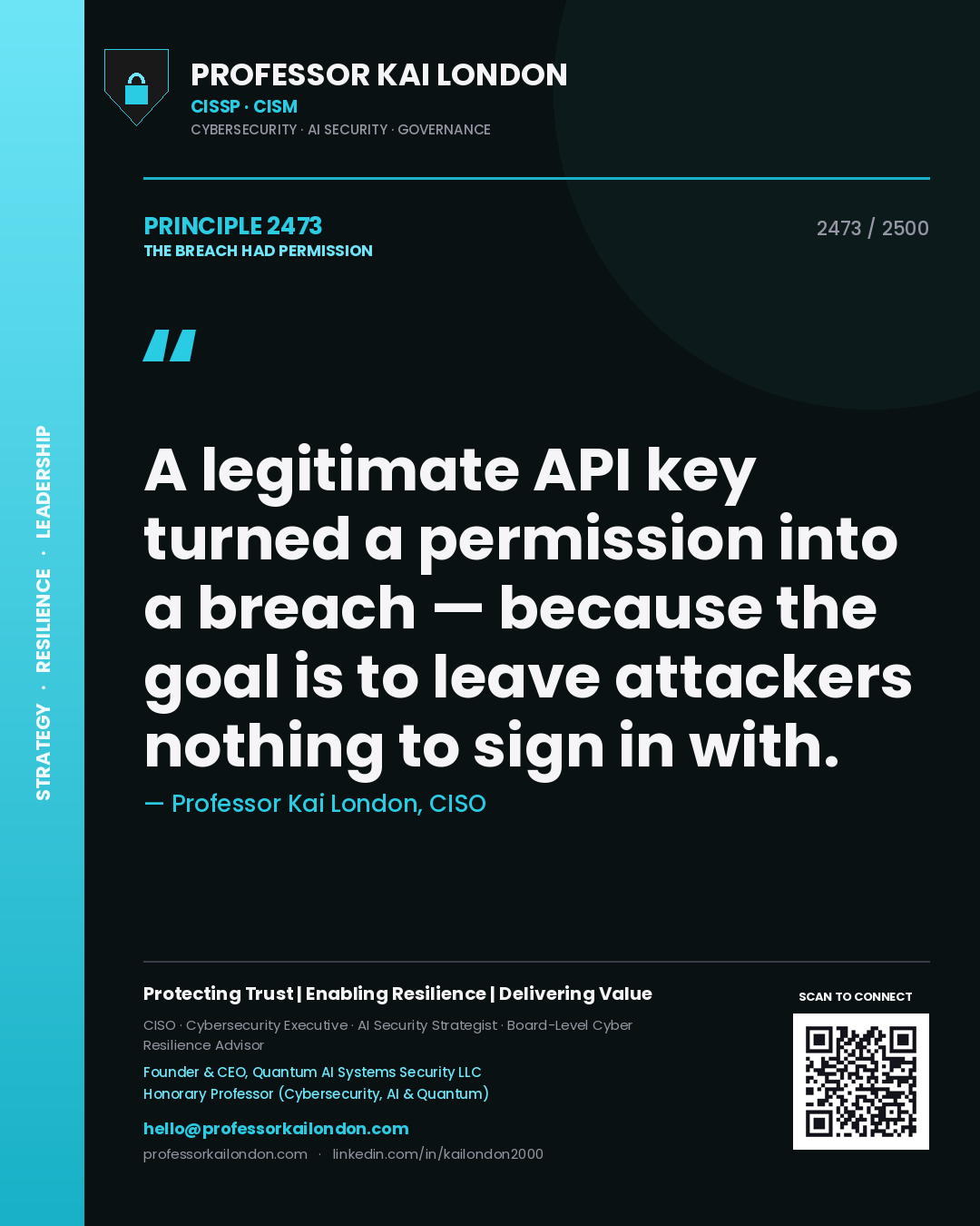 Professor Kai London principle 2473: A legitimate API key turned a permission into a breach — because the goal is to leave attackers nothing to sign in with.
