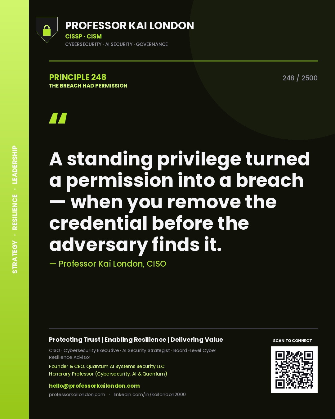 Professor Kai London principle 248: A standing privilege turned a permission into a breach — when you remove the credential before the adversary finds it.
