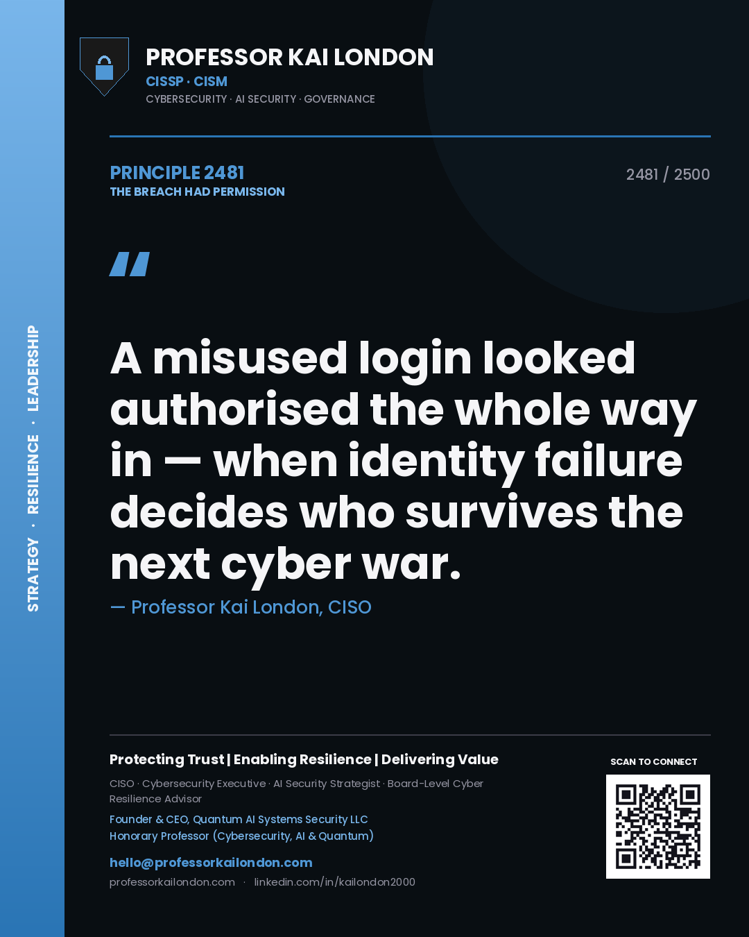 Professor Kai London principle 2481: A misused login looked authorised the whole way in — when identity failure decides who survives the next cyber war.