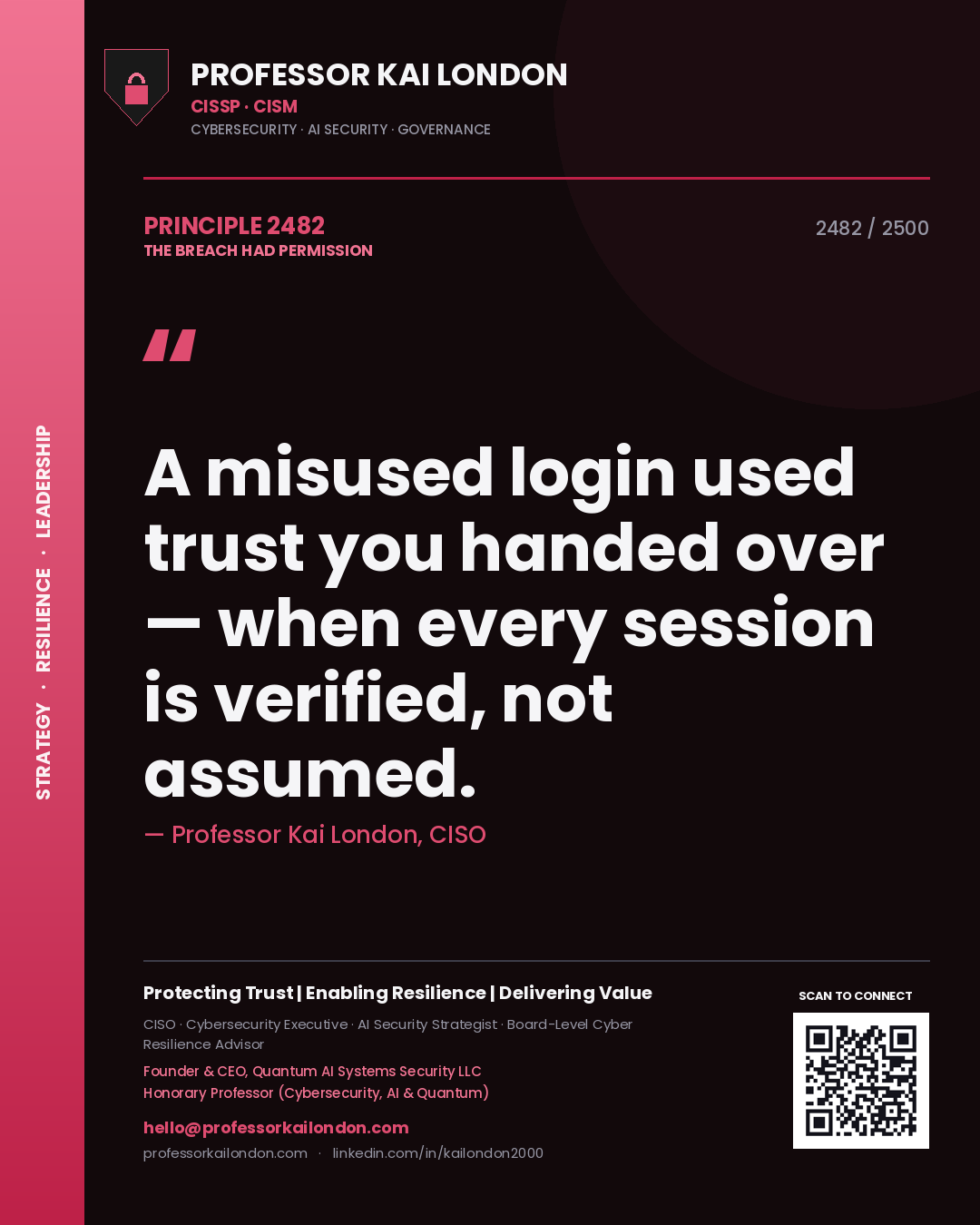 Professor Kai London principle 2482: A misused login used trust you handed over — when every session is verified, not assumed.