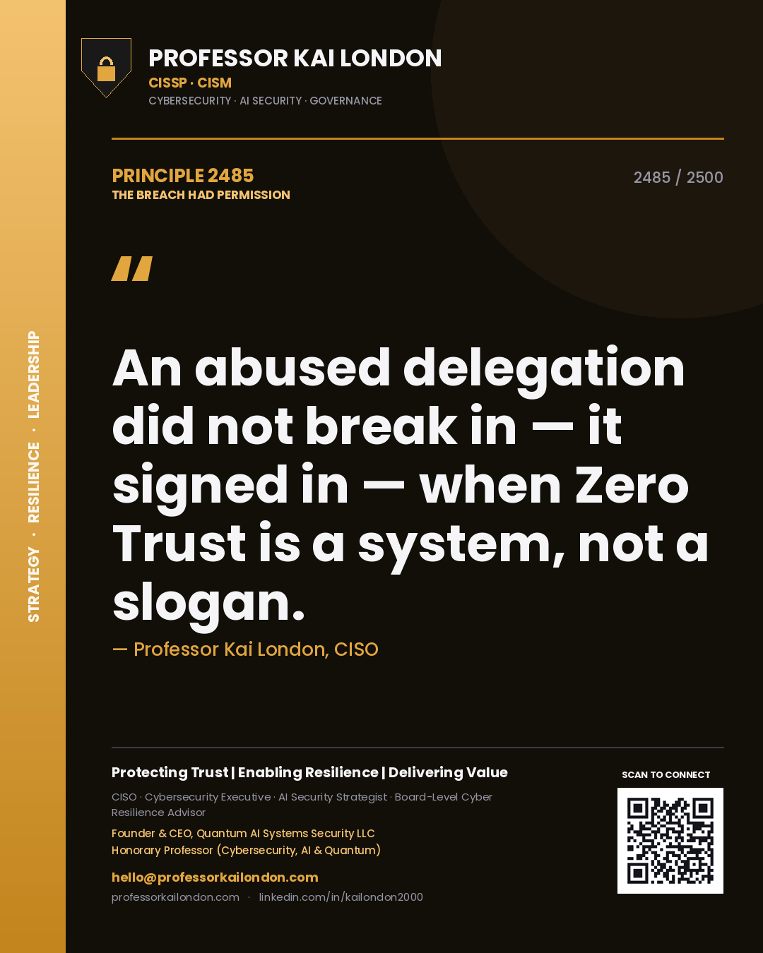 Professor Kai London principle 2485: An abused delegation did not break in — it signed in — when Zero Trust is a system, not a slogan.