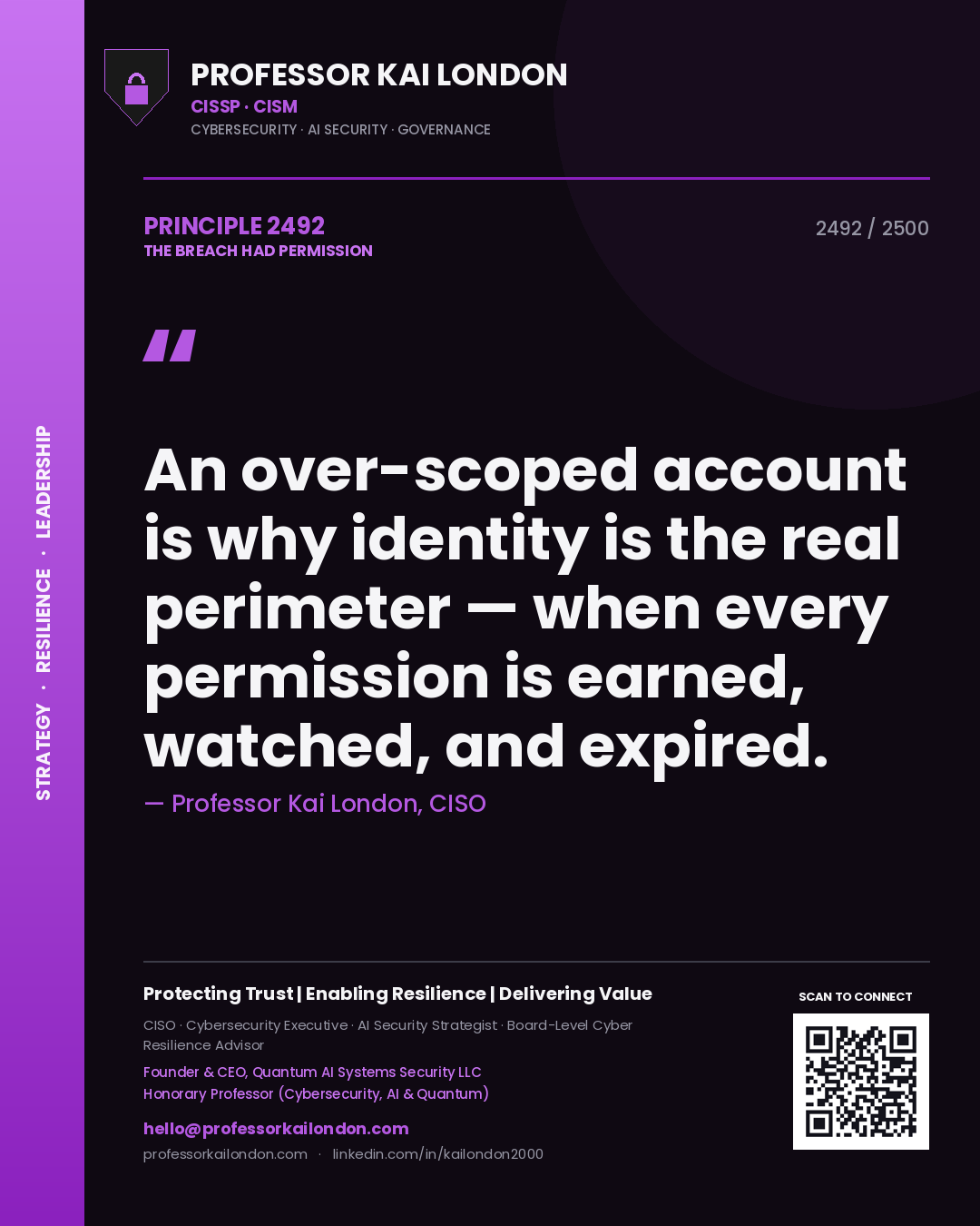 Professor Kai London principle 2492: An over-scoped account is why identity is the real perimeter — when every permission is earned, watched, and expired.