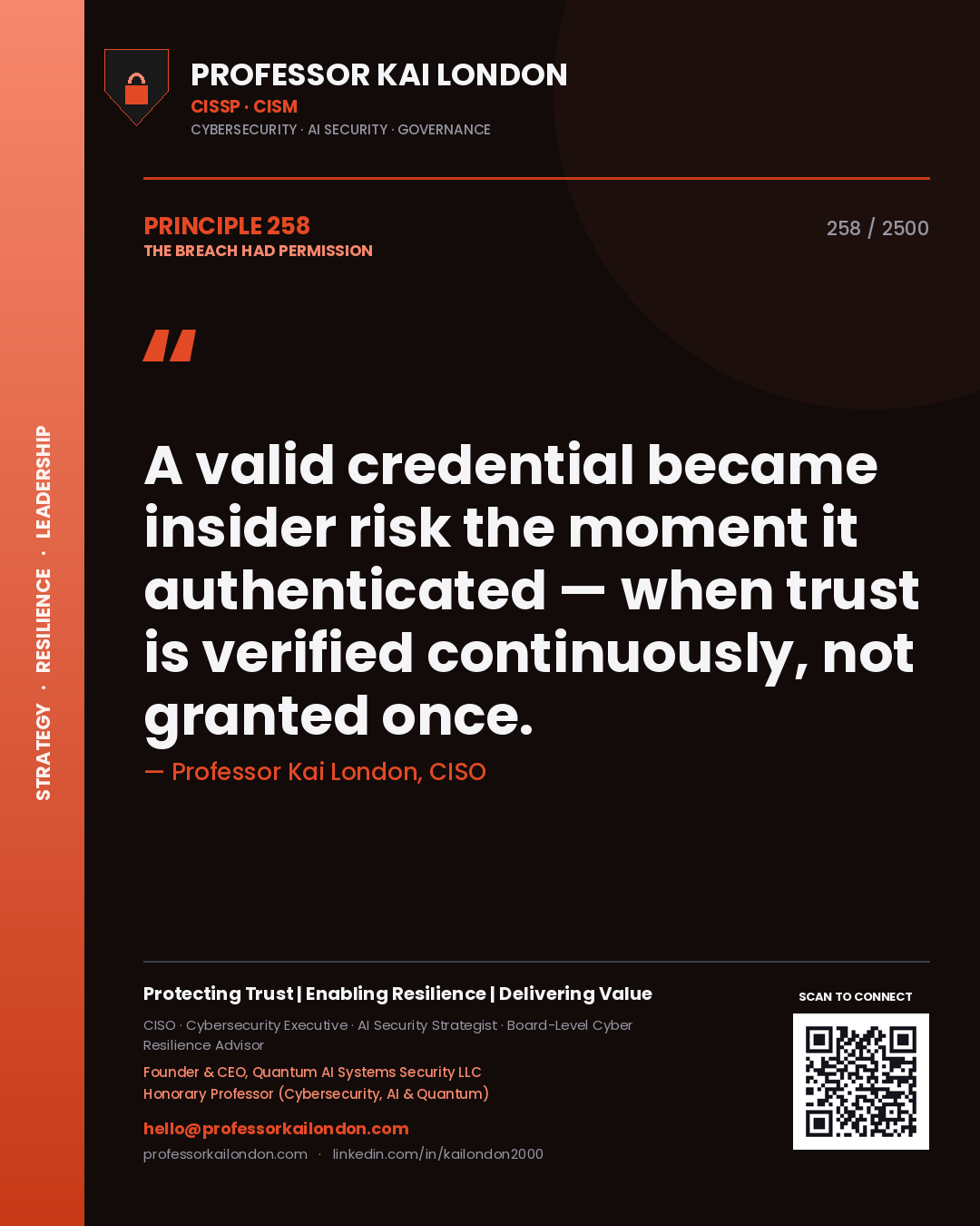 Professor Kai London principle 258: A valid credential became insider risk the moment it authenticated — when trust is verified continuously, not granted once.