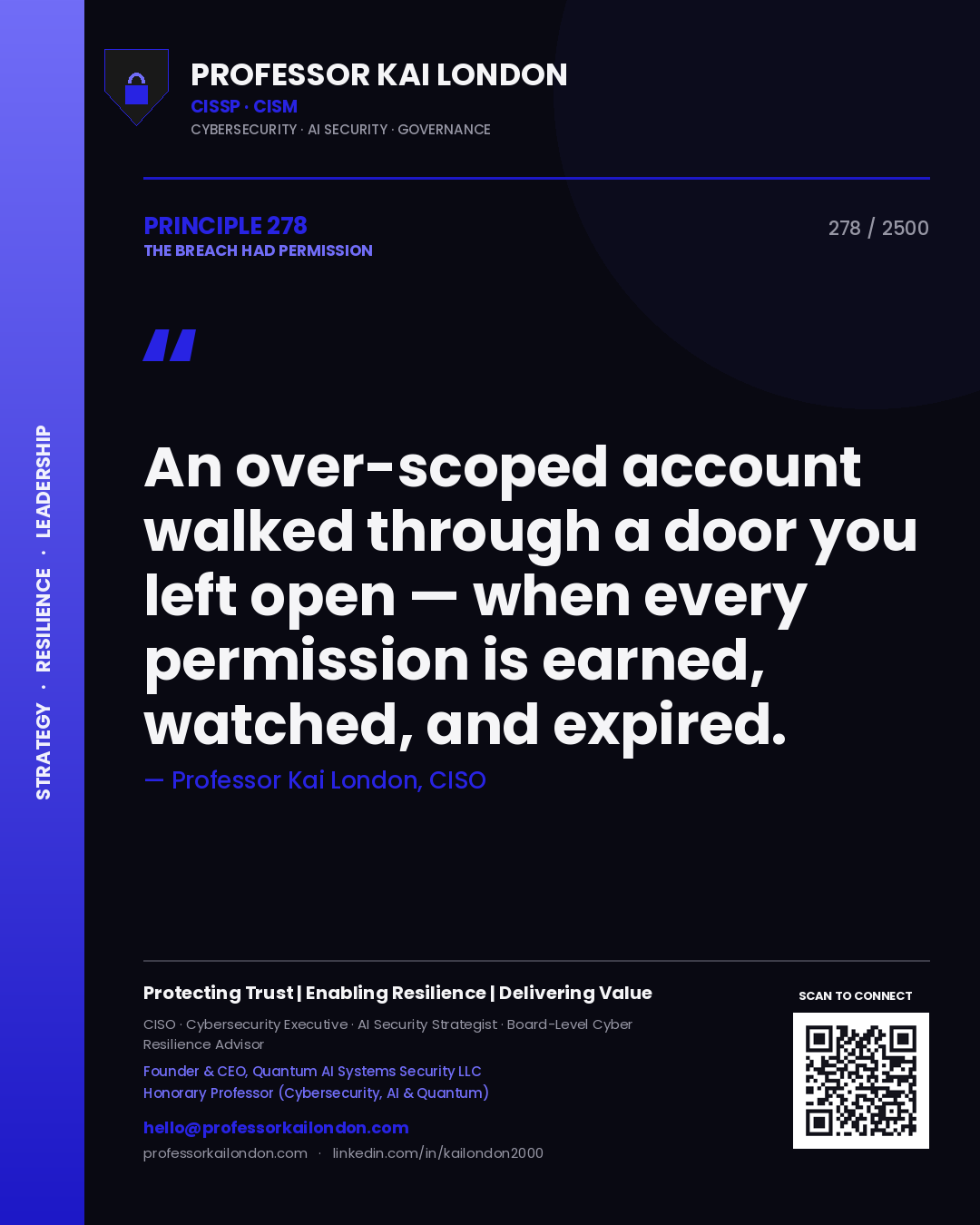 Professor Kai London principle 278: An over-scoped account walked through a door you left open — when every permission is earned, watched, and expired.