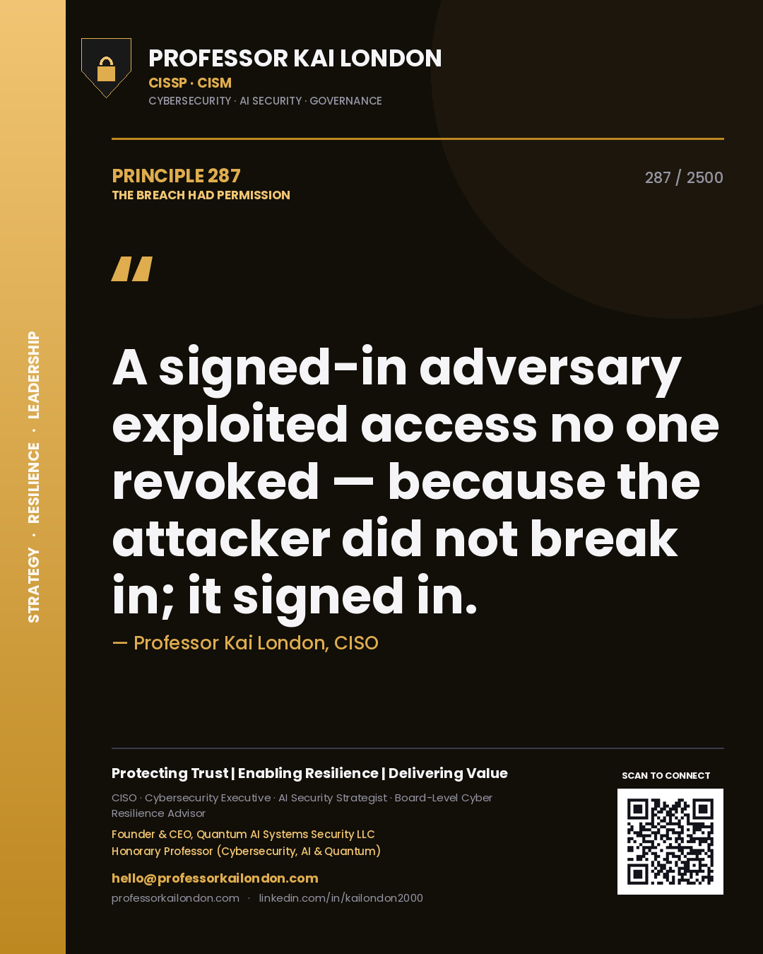 Professor Kai London principle 287: A signed-in adversary exploited access no one revoked — because the attacker did not break in; it signed in.
