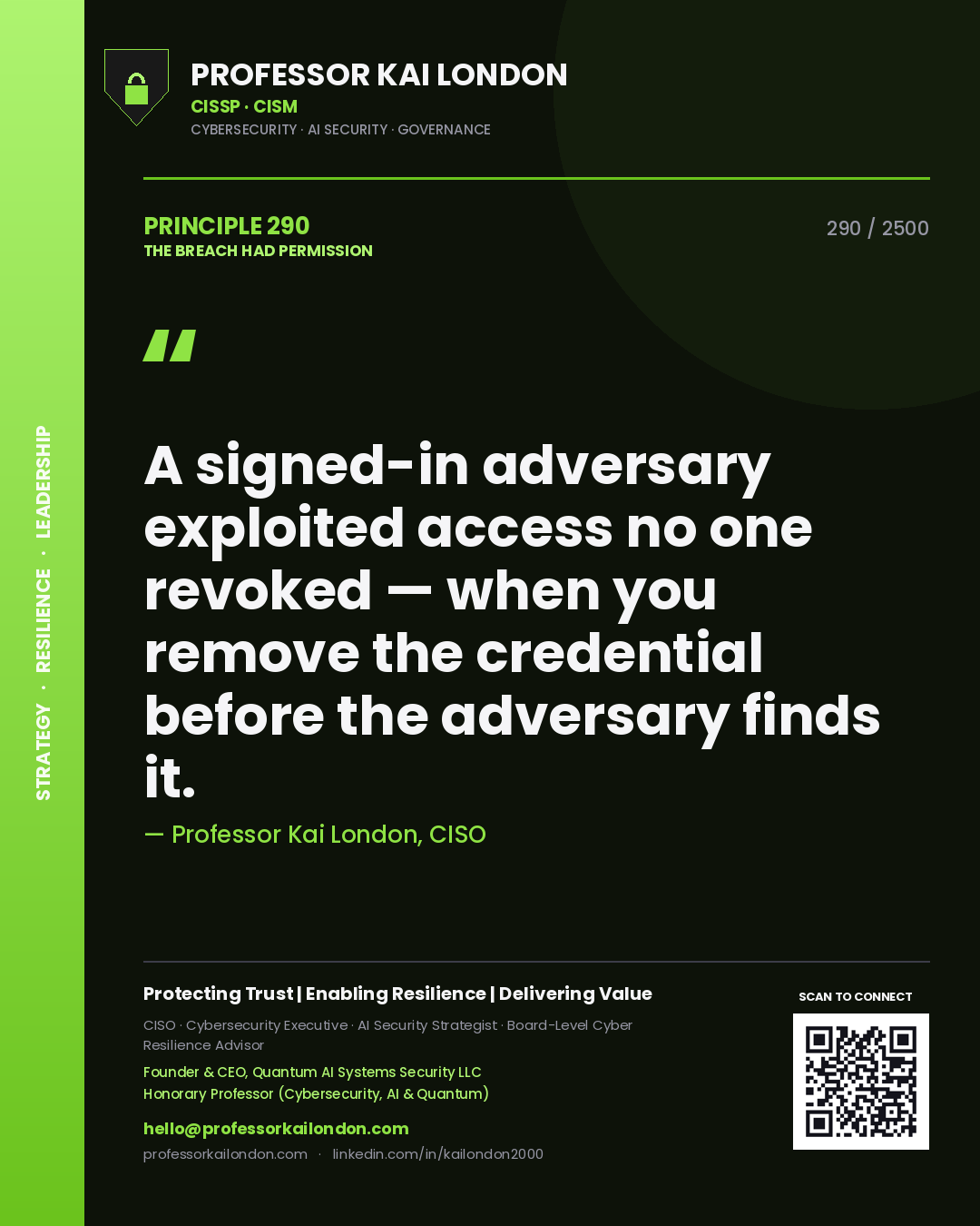 Professor Kai London principle 290: A signed-in adversary exploited access no one revoked — when you remove the credential before the adversary finds it.