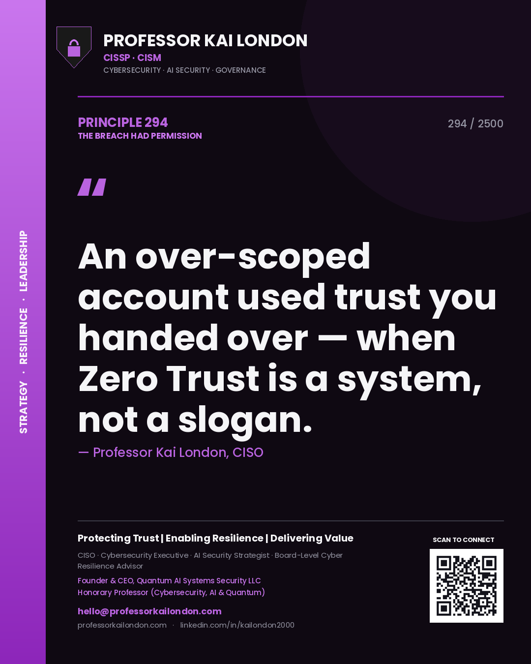 Professor Kai London principle 294: An over-scoped account used trust you handed over — when Zero Trust is a system, not a slogan.