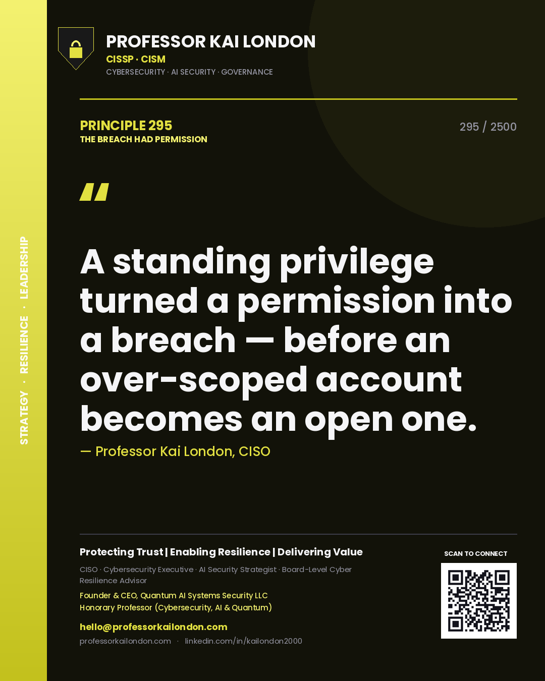 Professor Kai London principle 295: A standing privilege turned a permission into a breach — before an over-scoped account becomes an open one.
