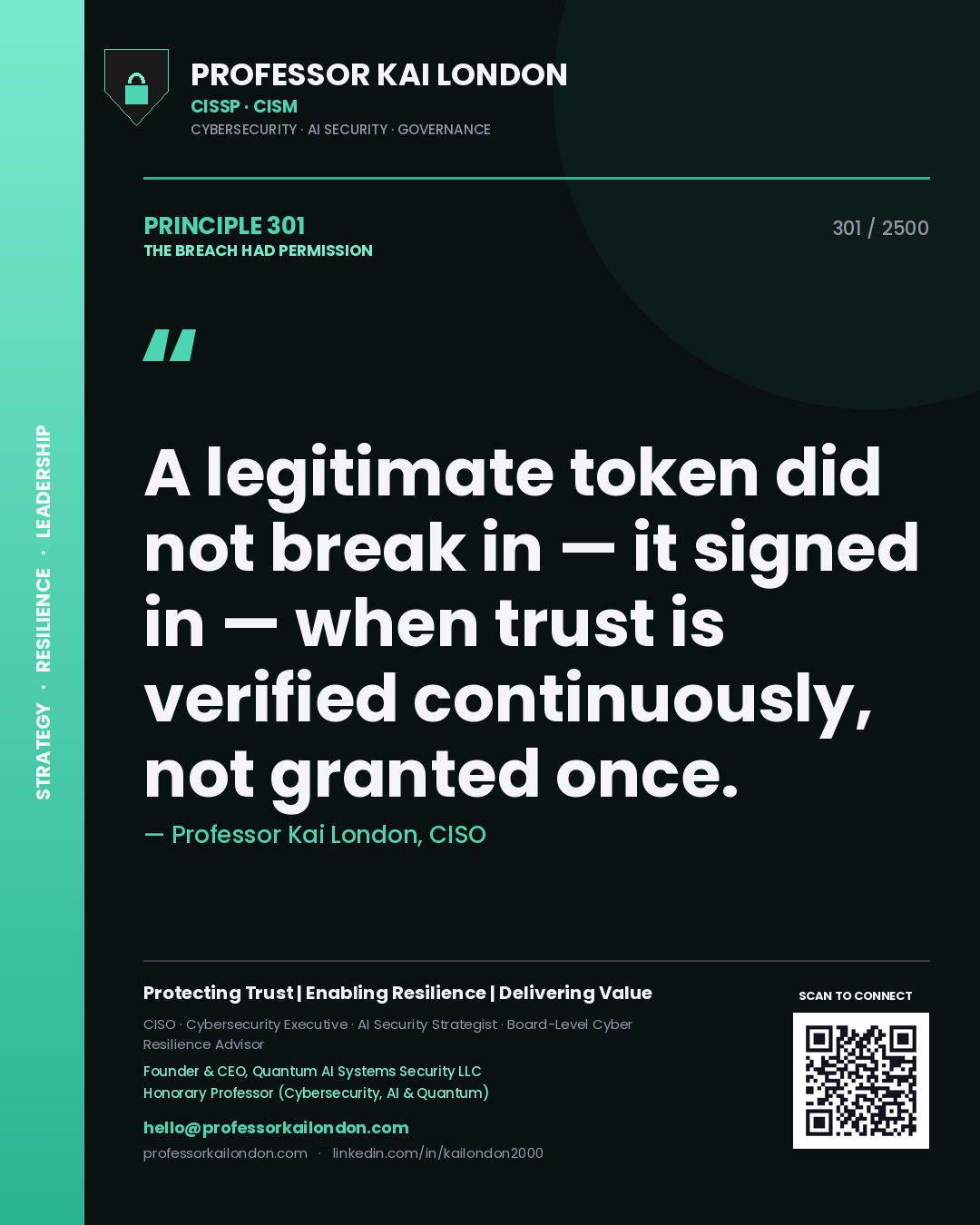 Professor Kai London principle 301: A legitimate token did not break in — it signed in — when trust is verified continuously, not granted once.