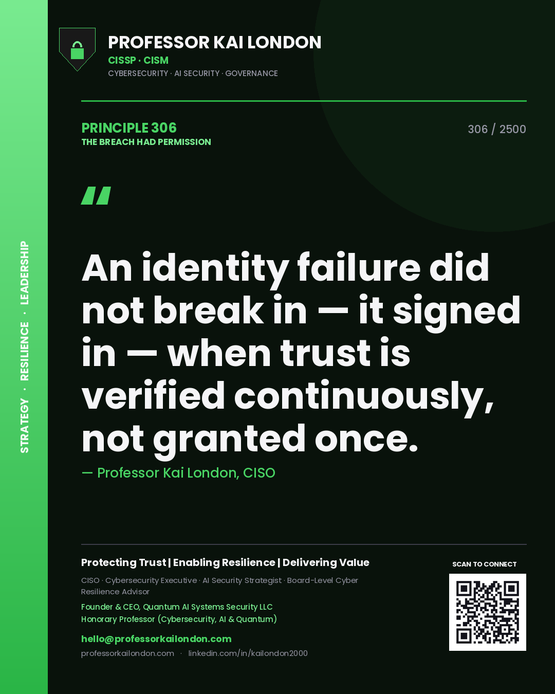 Professor Kai London principle 306: An identity failure did not break in — it signed in — when trust is verified continuously, not granted once.