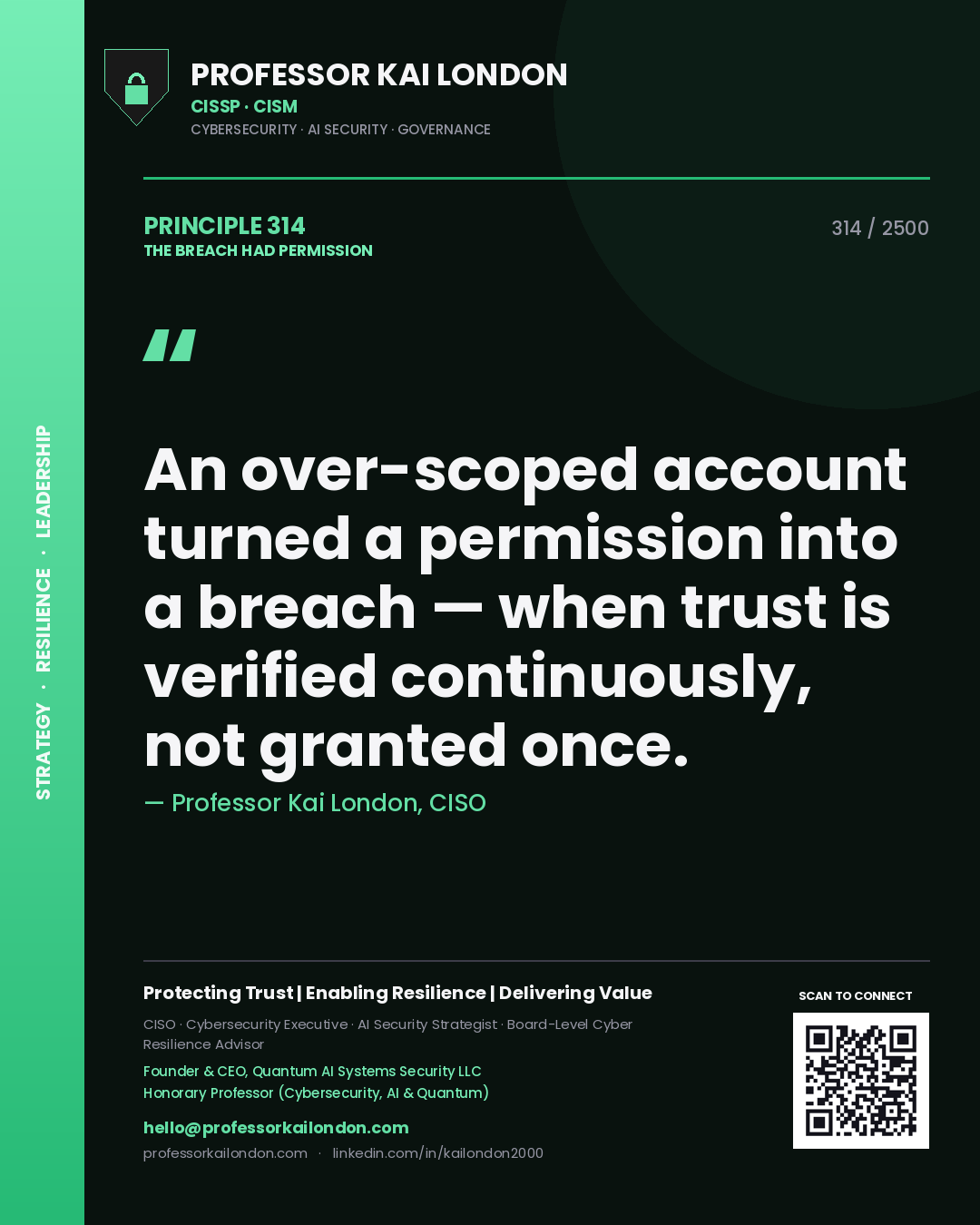 Professor Kai London principle 314: An over-scoped account turned a permission into a breach — when trust is verified continuously, not granted once.