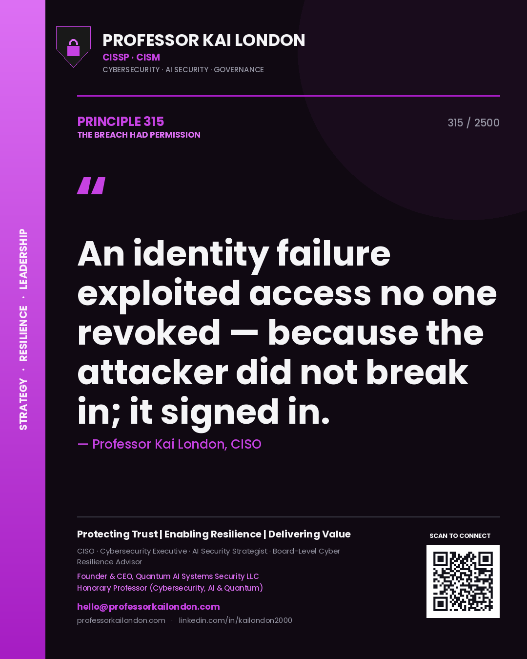 Professor Kai London principle 315: An identity failure exploited access no one revoked — because the attacker did not break in; it signed in.