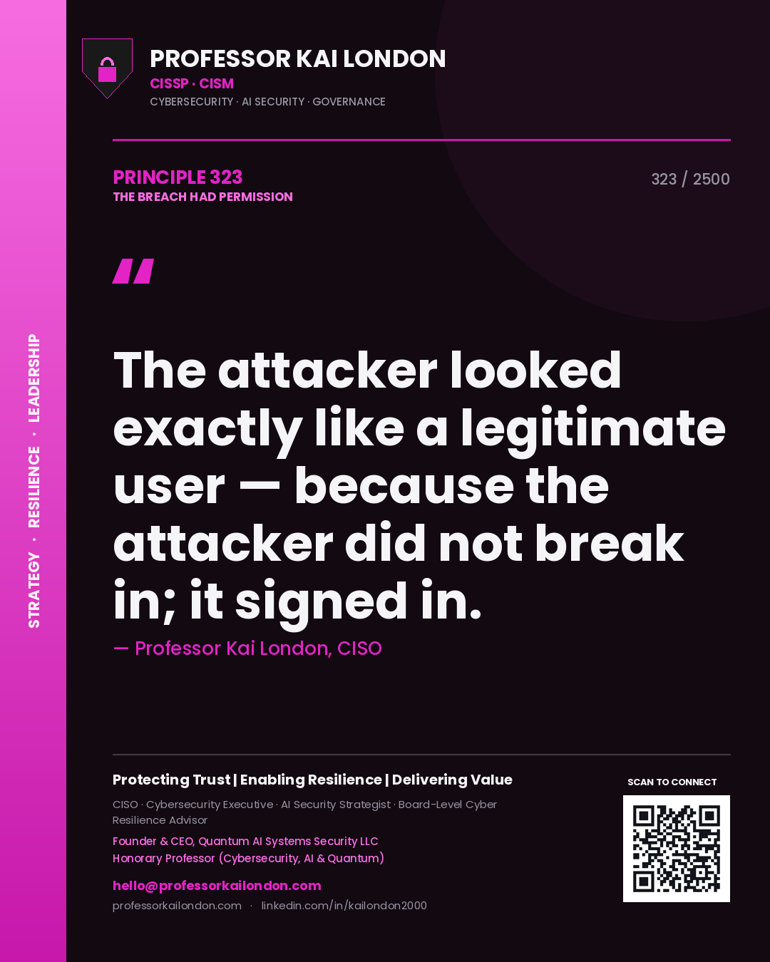 Professor Kai London principle 323: The attacker looked exactly like a legitimate user — because the attacker did not break in; it signed in.