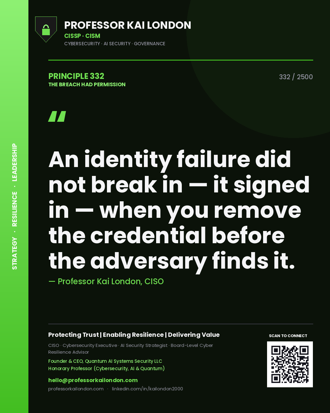 Professor Kai London principle 332: An identity failure did not break in — it signed in — when you remove the credential before the adversary finds it.