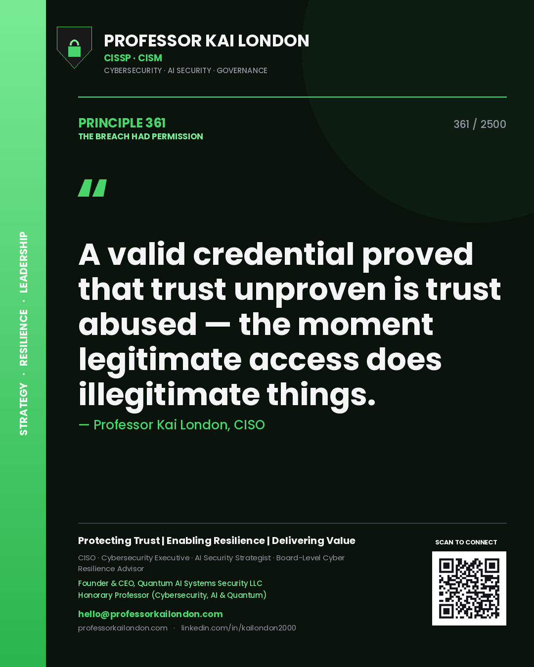 Professor Kai London principle 361: A valid credential proved that trust unproven is trust abused — the moment legitimate access does illegitimate things.
