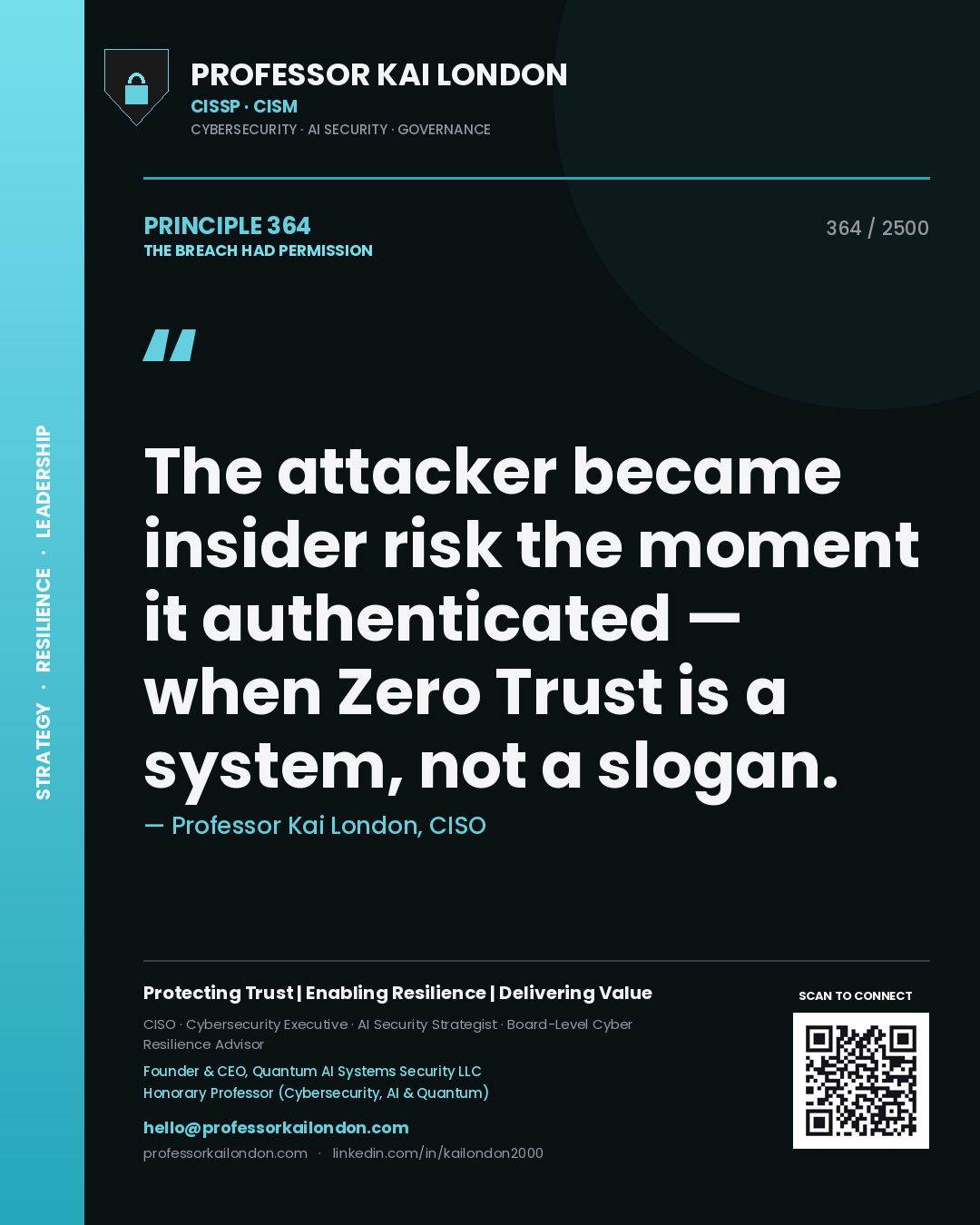 Professor Kai London principle 364: The attacker became insider risk the moment it authenticated — when Zero Trust is a system, not a slogan.