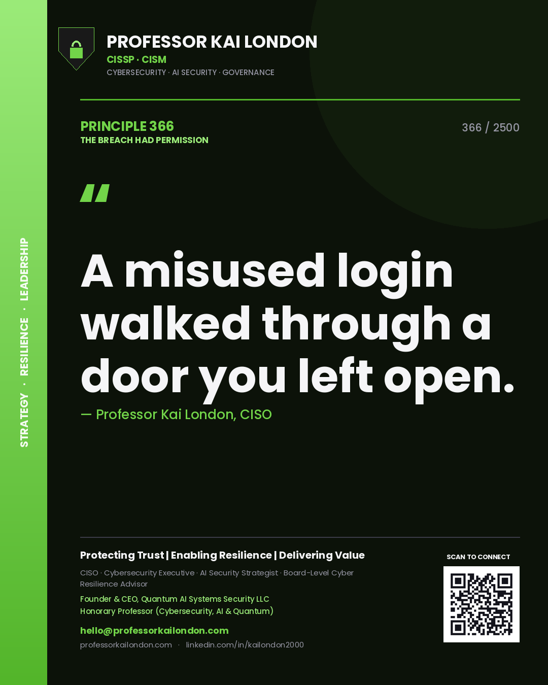 Professor Kai London principle 366: A misused login walked through a door you left open.