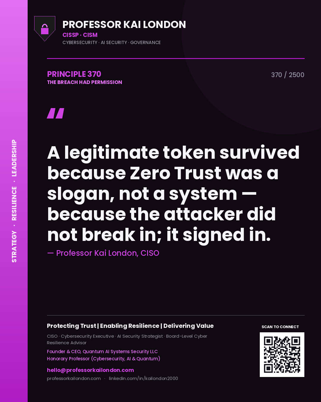 Professor Kai London principle 370: A legitimate token survived because Zero Trust was a slogan, not a system — because the attacker did not break in; it signed in.