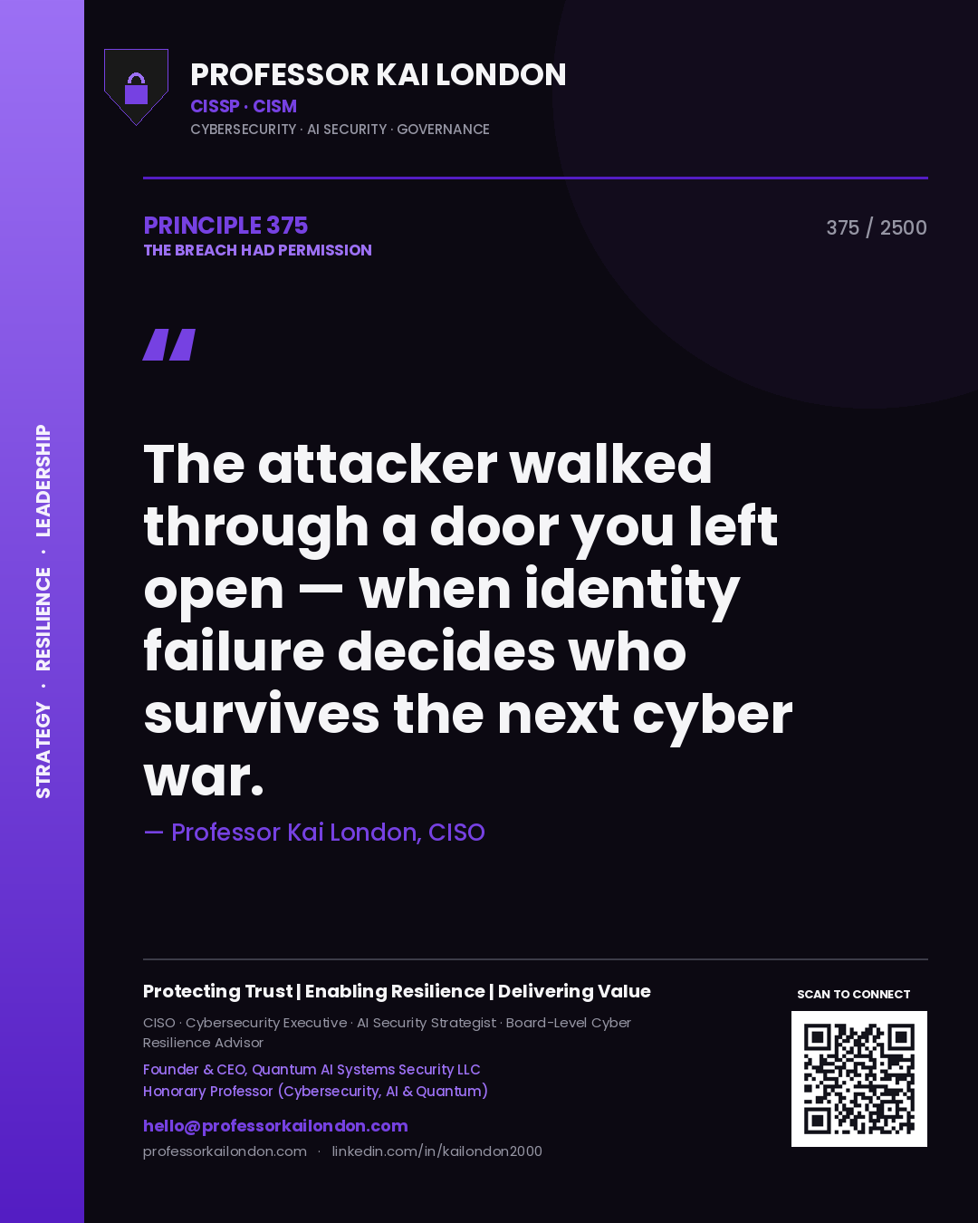 Professor Kai London principle 375: The attacker walked through a door you left open — when identity failure decides who survives the next cyber war.