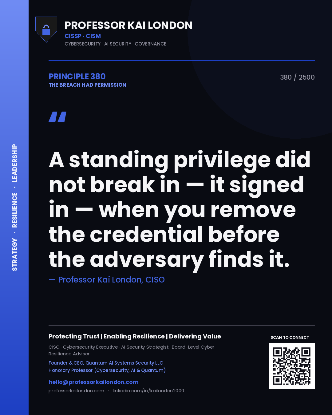 Professor Kai London principle 380: A standing privilege did not break in — it signed in — when you remove the credential before the adversary finds it.