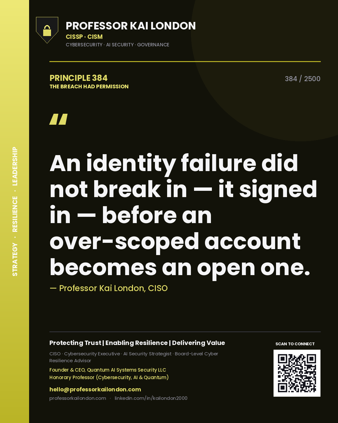 Professor Kai London principle 384: An identity failure did not break in — it signed in — before an over-scoped account becomes an open one.