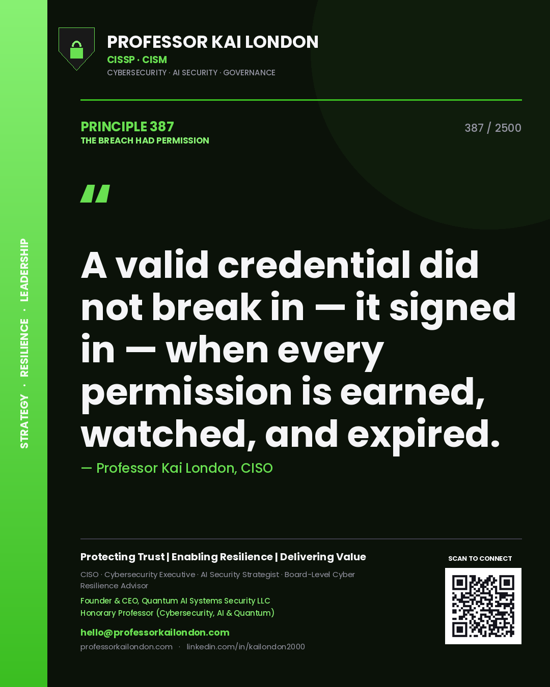 Professor Kai London principle 387: A valid credential did not break in — it signed in — when every permission is earned, watched, and expired.