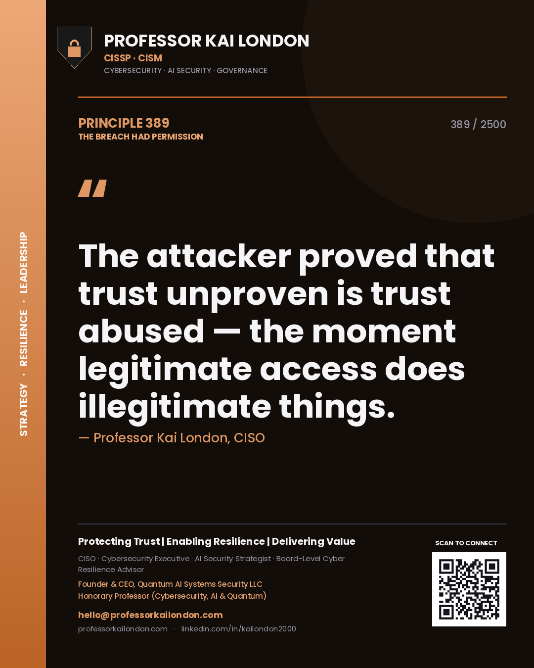Professor Kai London principle 389: The attacker proved that trust unproven is trust abused — the moment legitimate access does illegitimate things.