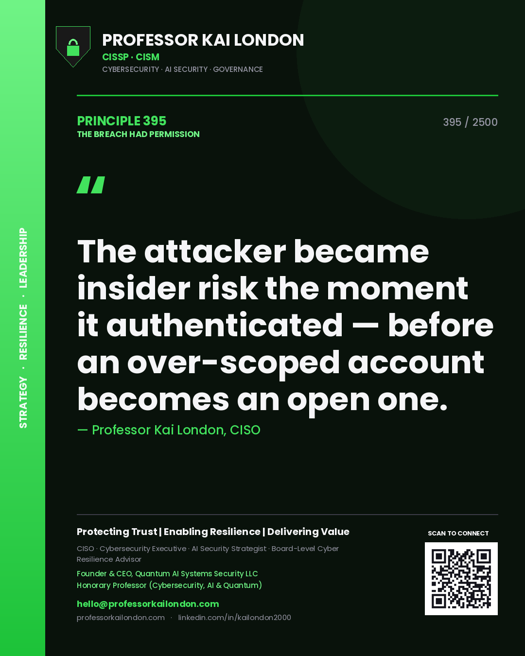 Professor Kai London principle 395: The attacker became insider risk the moment it authenticated — before an over-scoped account becomes an open one.