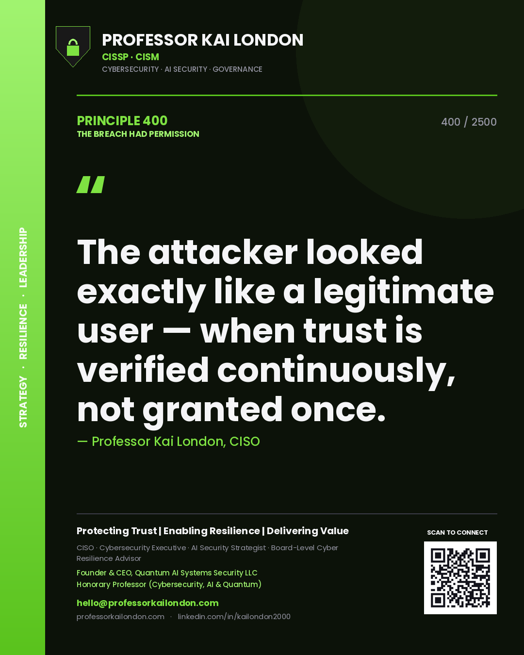 Professor Kai London principle 400: The attacker looked exactly like a legitimate user — when trust is verified continuously, not granted once.