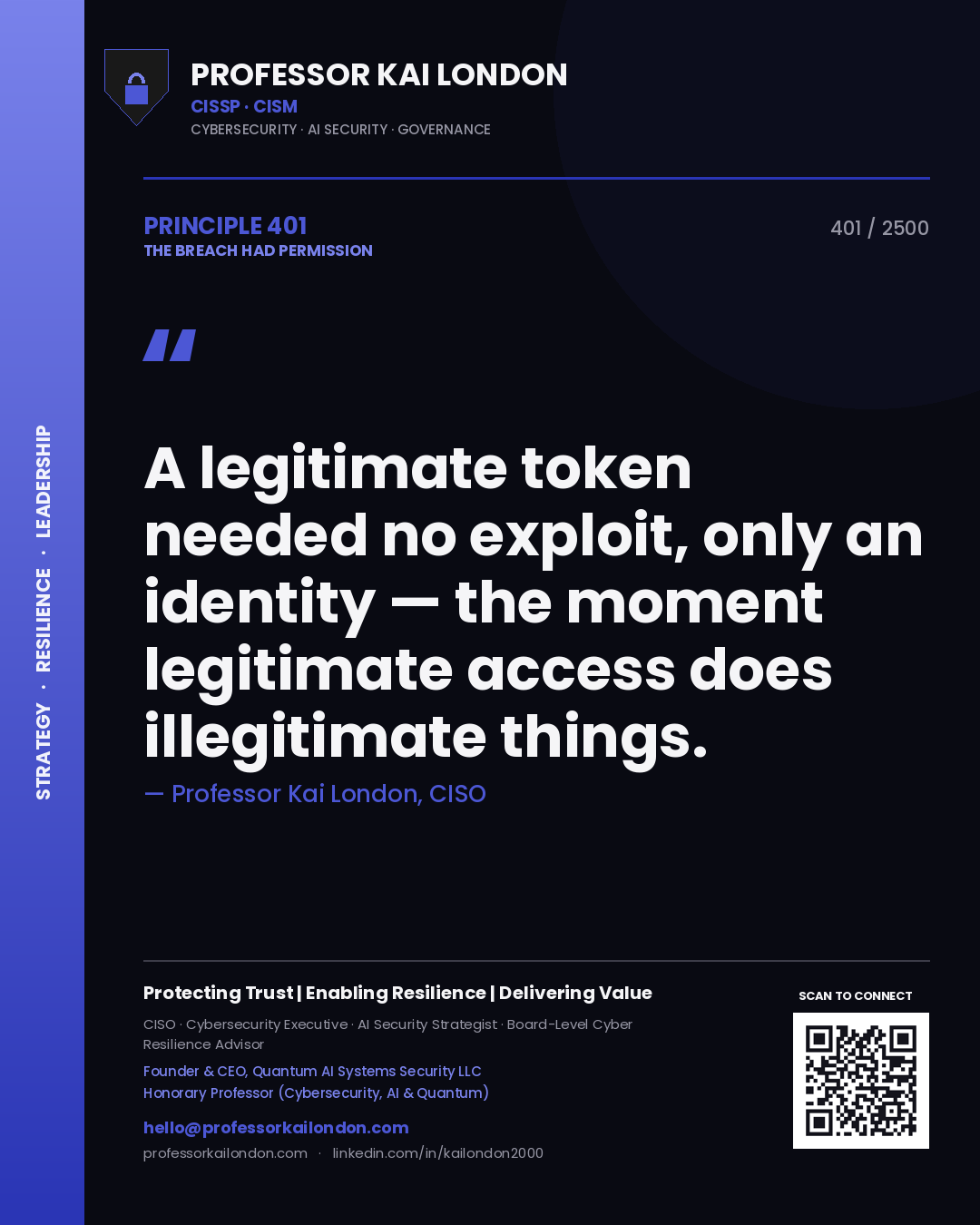 Professor Kai London principle 401: A legitimate token needed no exploit, only an identity — the moment legitimate access does illegitimate things.